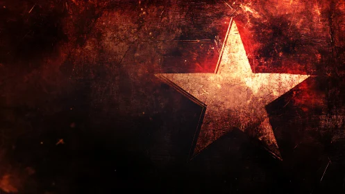 Grunge textured star glows against dark red background