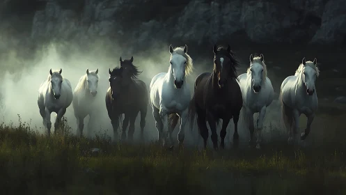 Wild horses charge through misty meadow at dusky twilight