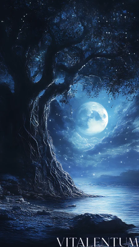 Ancient moonlit tree towers over still blue lakeshore