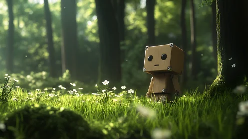 Box robot stands in sunlit forest clearing among flowers