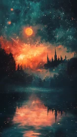 Castle skyline under red moon with reflective lake surface.