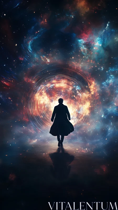 Silhouetted traveler steps toward radiant cosmic portal