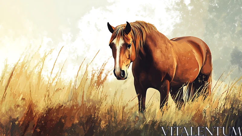 Sunlit chestnut wanderer pausing in a sea of wild grass.