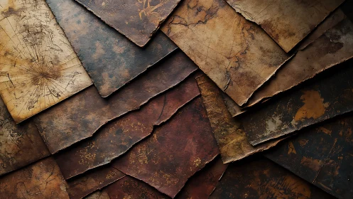 Weathered treasure maps lie layered in warm rustic tones