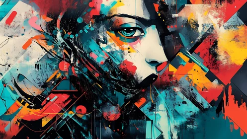 Abstract neon portrait with geometric shards and bold strokes.