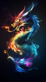Chromatic serpentine dragon coils through luminous neon fire