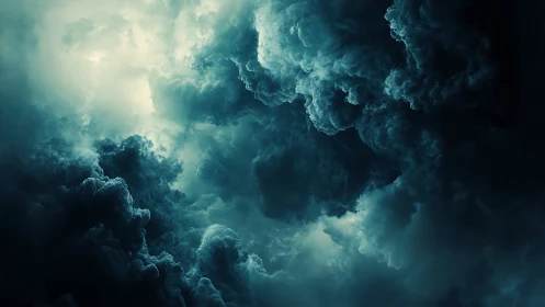 Storm-sculpted teal clouds in dramatic atmospheric depth.