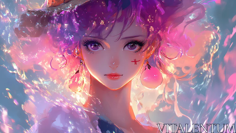 Aurora-eyed girl in neon tides of swirling starlight.