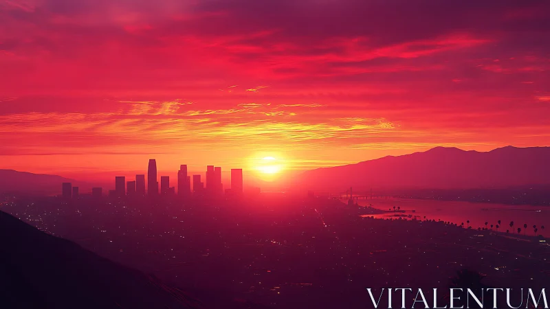 Urban skyline silhouette under red sunset haze over bay.