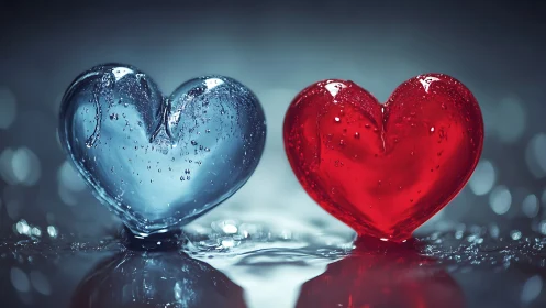 Translucent Water Hearts with Liquid Droplets on Reflective Surface.