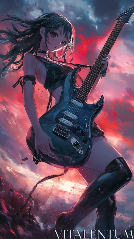 Dynamic anime guitarist framed by dramatic backlit storm sky