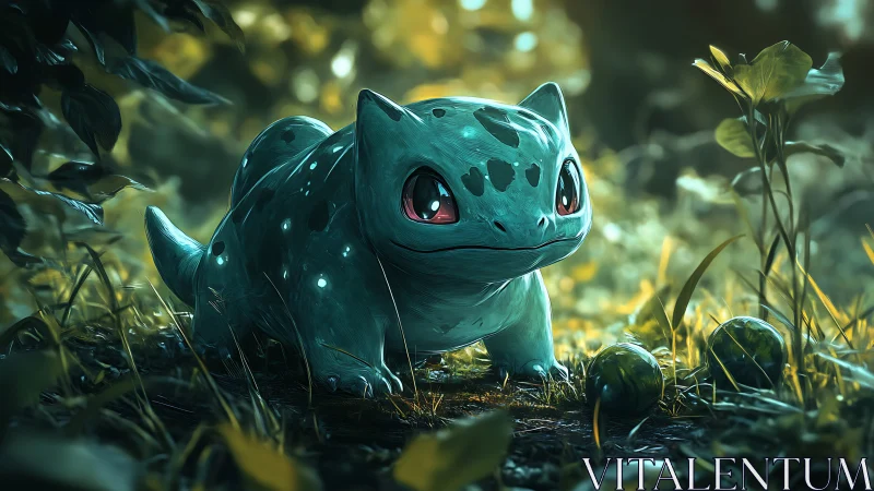 Bulbasaur rendered in luminous forest clearing environment