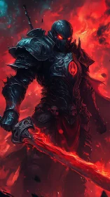 Armored figure holds a molten sword amid red energy field