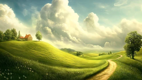Sunlit rural cottage crowns rolling green hills under clouds