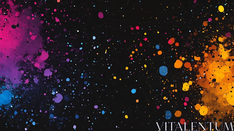 Multicolored paint splatter on black background surface.