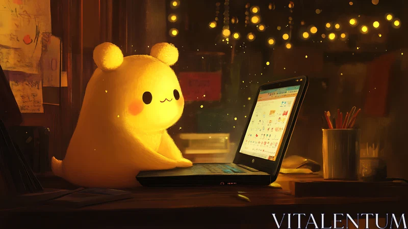 Luminous plush creature studies laptop under warm fairy lights.