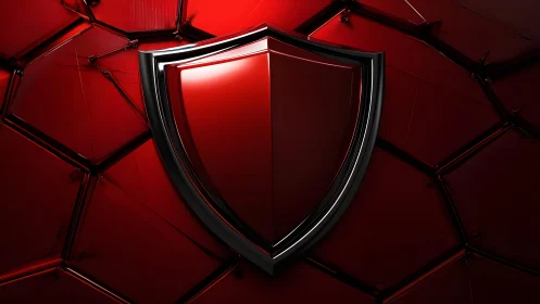 Shiny Red Shield on Geometric Background, Futuristic Digital Style.