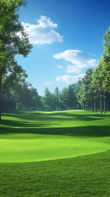 Sunlit tree-lined golf fairway under clear midday blue sky