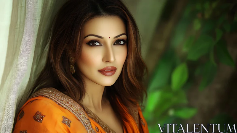 Woman in orange sari posed near curtain with soft focus