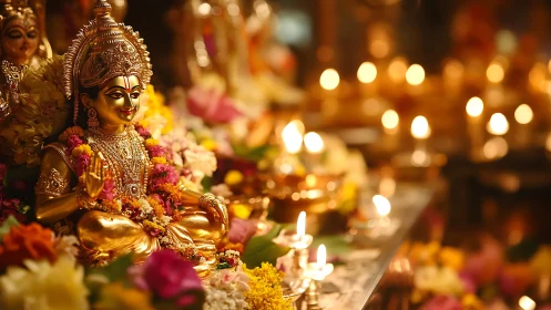 Golden Hindu deity statue surrounded by flowers and lamps.