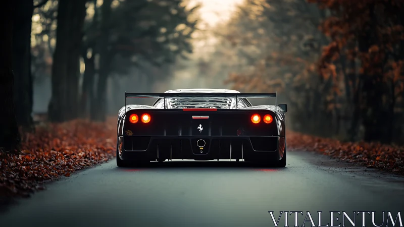 Rear view of low sports car on forest road at dusk.