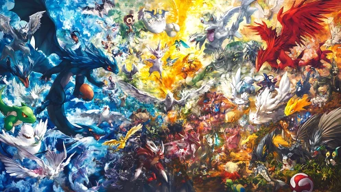 Legendary creature clash fills explosive elemental sky.