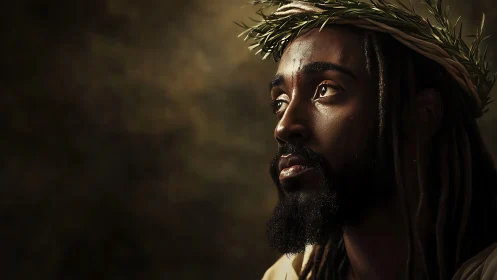 Dramatic low-key portrait with crown of thorns and rim light.