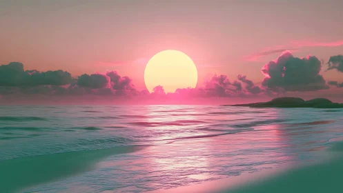 Neon pastel ocean horizon with oversized sun and soft surf