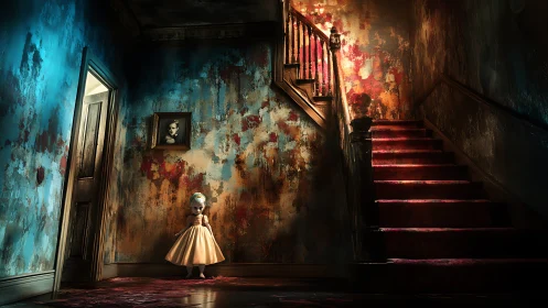 Creepy doll stands below stained staircase in decayed hallway
