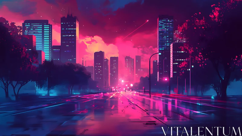 Neon-lit urban avenue extends toward dense city skyline