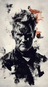 Brooding monochrome portrait with abstract paint eruptions.