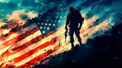 Silhouetted soldier against dynamic abstract US flag backdrop.