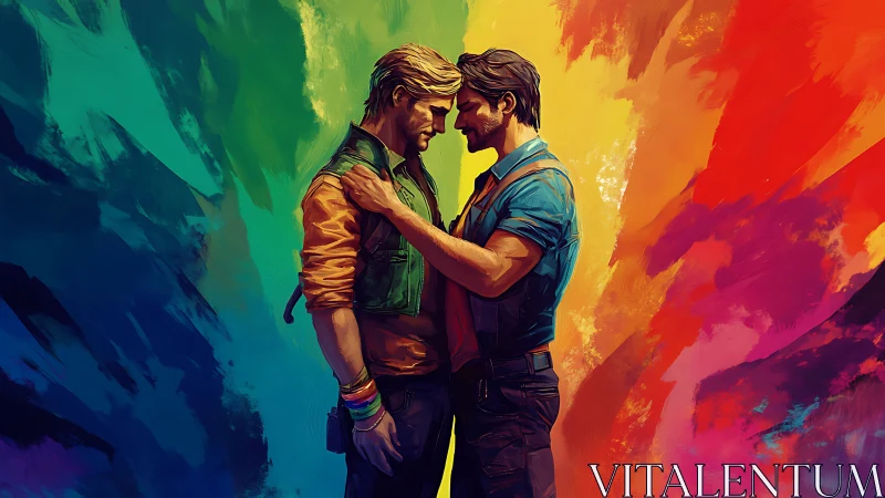 Two men share an intimate moment amid vibrant rainbow gradient backdrop