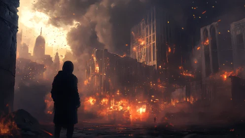 Lone survivor quietly studies a city swallowed by flames