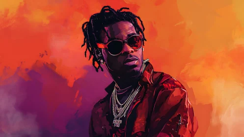 Stylized portrait of man in sunglasses on orange backdrop.