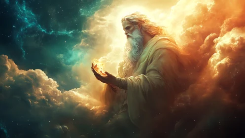 Ethereal creator cradles cosmic light in radiant clouds