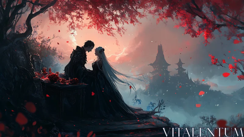 Gothic Romance Beneath Crimson Canopy and Distant Castle.