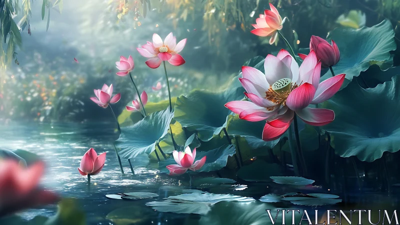 Lotus hydrodynamics under cinematic volumetric lighting bloom.