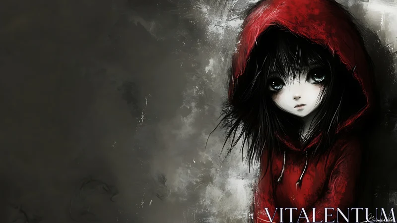 Digital painting of melancholy girl in red hooded cloak, vignetted.