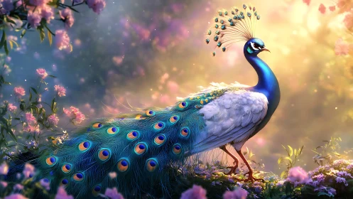 Radiant peacock strolls through a dreamy flower garden at dawn