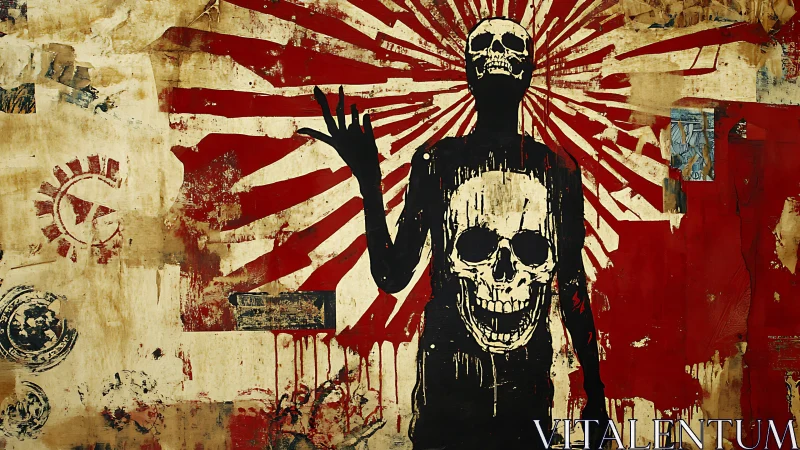 Radiating skeletal silhouette with double-cranium iconography.