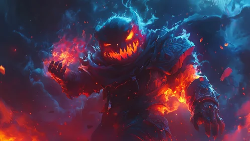 Infernal armored wraith ignites blue void in molten fire.