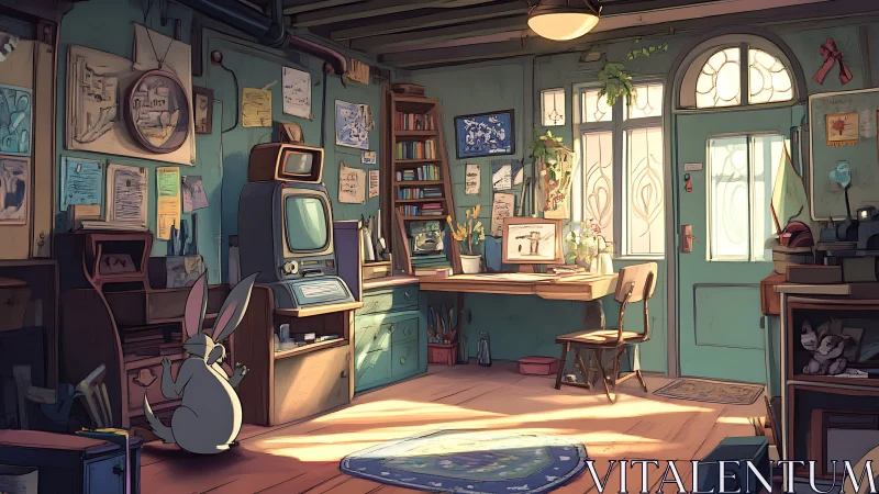 Rabbit studies vintage computer inside sunlit studio workshop