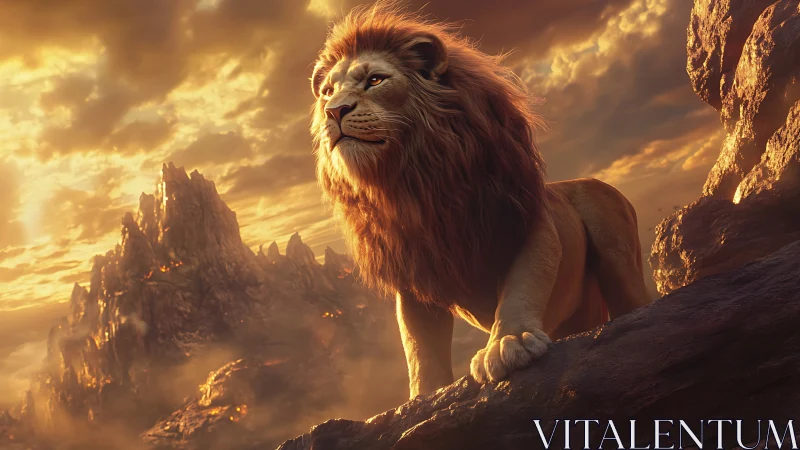 Regal lion surveys a fiery mountain range at golden sunset