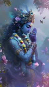 Serene blue deity in prayerful silence amid soft blossoms