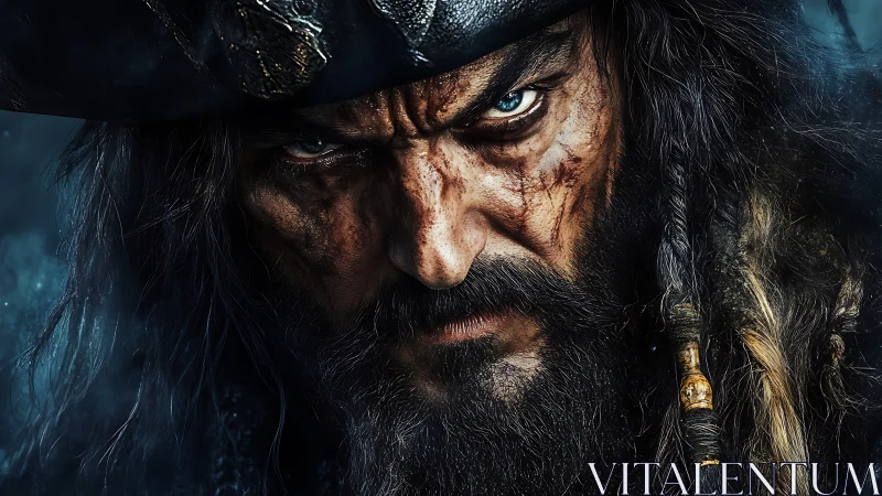 Scarred pirate captain glares with fierce, stormlit resolve