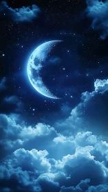 Blue crescent moon over glowing night clouds and stars.