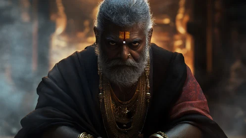 Cinematic close-up of intense elder mystic in temple light.