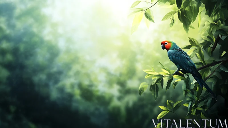 Vibrant red headed parrot perched in sunlit green canopy