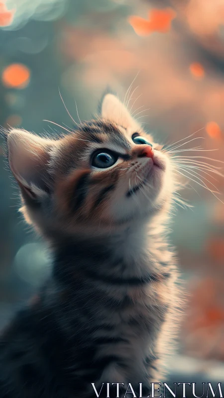 Kitten Gazing Upward Among Bokeh Lights.